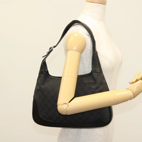 GUCCI GG Canvas Jackie Shoulder Bag Black Silver - Picture 1 of 15